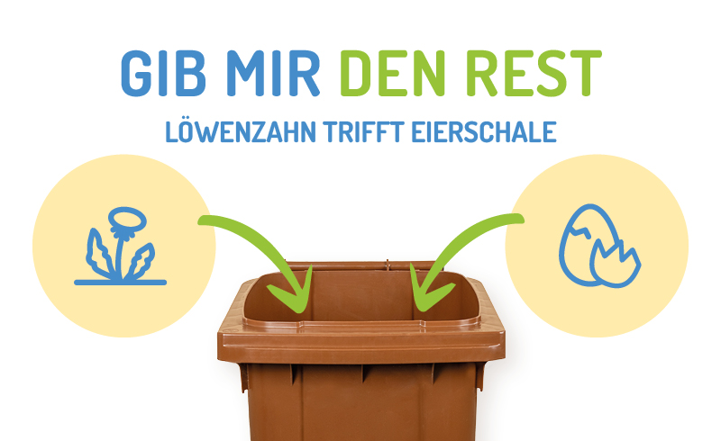 Biotonne mit Piktogrammen einer Löwenzahnpflanzen und eines Ei und Eierschale